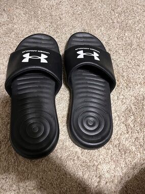 Under Armour Black Slide Sandals with White Logo Tag